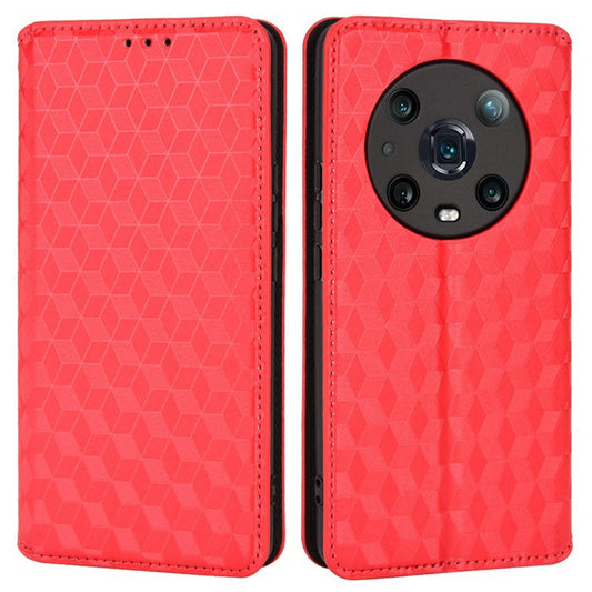 For Honor Magic4 Pro 5G Imprinted Rhombus Pattern Phone Cover PU Leather Magnetic Design Stand Wallet Case - Red