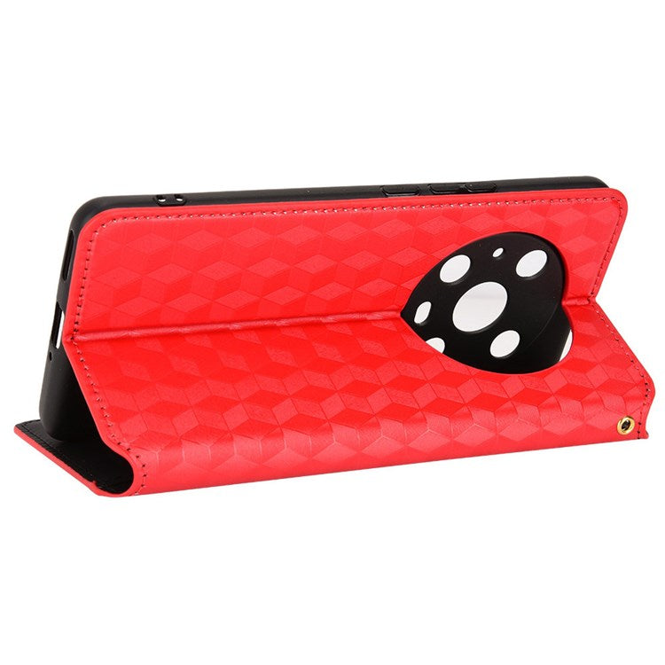 For Honor Magic4 Pro 5G Imprinted Rhombus Pattern Phone Cover PU Leather Magnetic Design Stand Wallet Case - Red