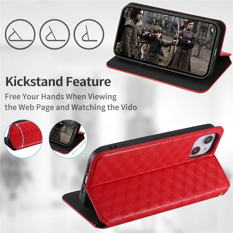 For Honor Magic4 Pro 5G Imprinted Rhombus Pattern Phone Cover PU Leather Magnetic Design Stand Wallet Case - Red