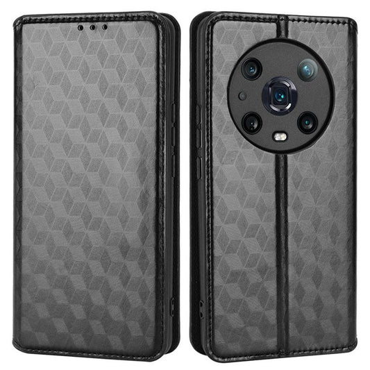 For Honor Magic4 Pro 5G Imprinted Rhombus Pattern Phone Cover PU Leather Magnetic Design Stand Wallet Case - Black