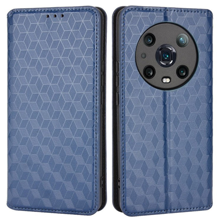 For Honor Magic4 Pro 5G Imprinted Rhombus Pattern Phone Cover PU Leather Magnetic Design Stand Wallet Case - Blue