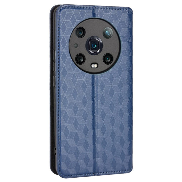 For Honor Magic4 Pro 5G Imprinted Rhombus Pattern Phone Cover PU Leather Magnetic Design Stand Wallet Case - Blue