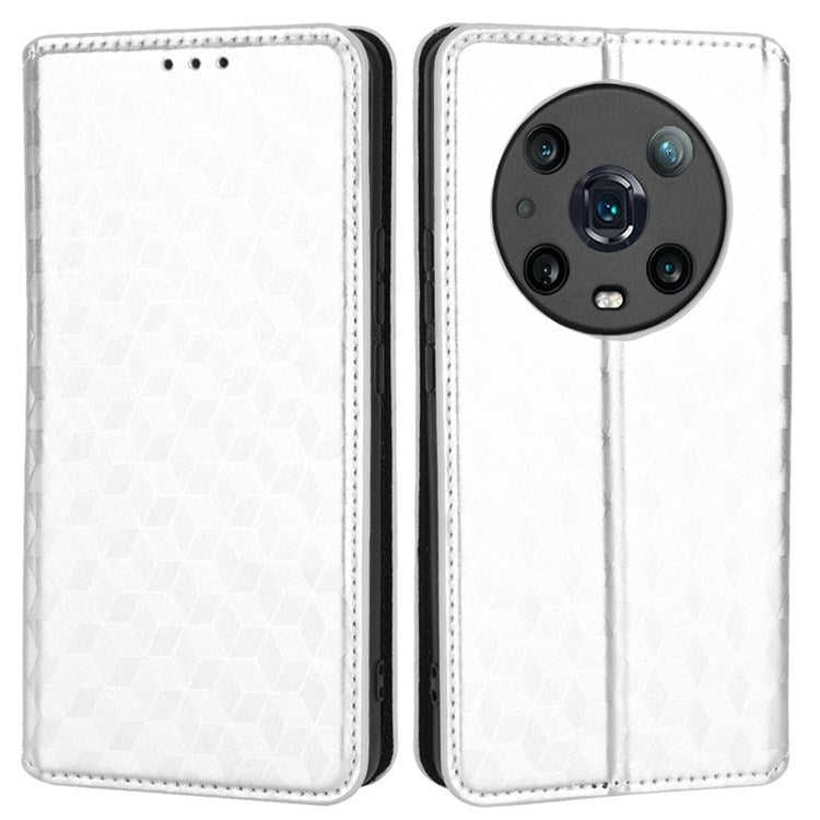 For Honor Magic4 Pro 5G Imprinted Rhombus Pattern Phone Cover PU Leather Magnetic Design Stand Wallet Case - Silver