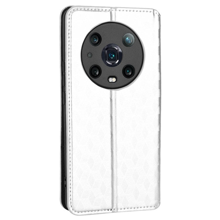 For Honor Magic4 Pro 5G Imprinted Rhombus Pattern Phone Cover PU Leather Magnetic Design Stand Wallet Case - Silver