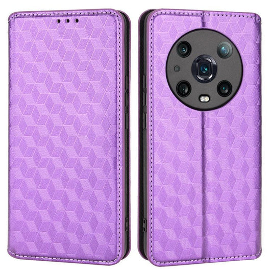 For Honor Magic4 Pro 5G Imprinted Rhombus Pattern Phone Cover PU Leather Magnetic Design Stand Wallet Case - Purple