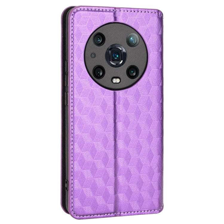 For Honor Magic4 Pro 5G Imprinted Rhombus Pattern Phone Cover PU Leather Magnetic Design Stand Wallet Case - Purple