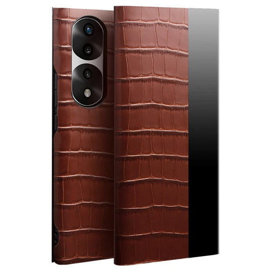 QIALINO For Honor 70 Pro 5G Phone Cover, View Window Crocodile Texture Genuine Leather Full Coverage Folio Flip Auto Wake/Sleep Case - Brown
