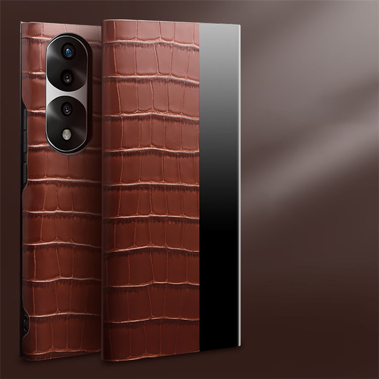 QIALINO For Honor 70 Pro 5G Phone Cover, View Window Crocodile Texture Genuine Leather Full Coverage Folio Flip Auto Wake/Sleep Case - Brown