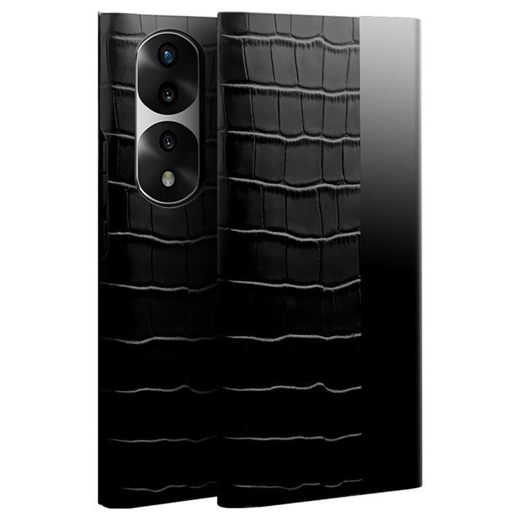 QIALINO For Honor 70 Pro+ 5G Phone Cover, View Window Crocodile Texture Genuine Leather Bump Proof Folio Flip Auto Wake/Sleep Case - Black