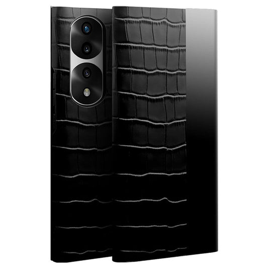 QIALINO For Honor 70 Pro+ 5G Phone Cover, View Window Crocodile Texture Genuine Leather Bump Proof Folio Flip Auto Wake/Sleep Case - Black