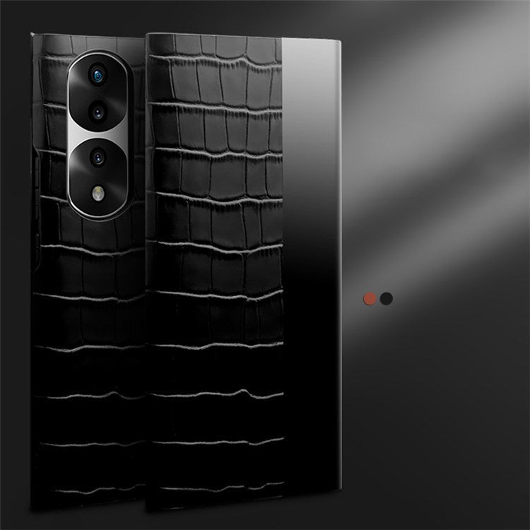 QIALINO For Honor 70 Pro+ 5G Phone Cover, View Window Crocodile Texture Genuine Leather Bump Proof Folio Flip Auto Wake/Sleep Case - Black