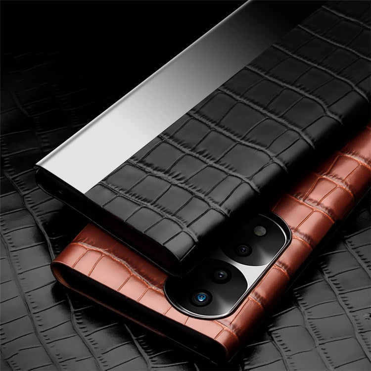QIALINO For Honor 70 Pro+ 5G Phone Cover, View Window Crocodile Texture Genuine Leather Bump Proof Folio Flip Auto Wake/Sleep Case - Black