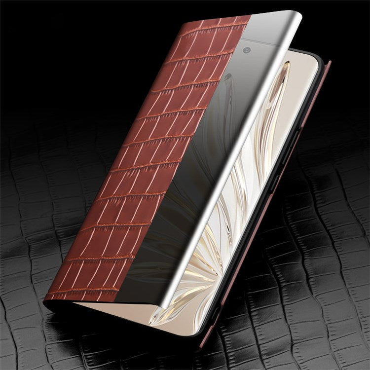 QIALINO For Honor 70 Pro+ 5G Phone Cover, View Window Crocodile Texture Genuine Leather Bump Proof Folio Flip Auto Wake/Sleep Case - Black