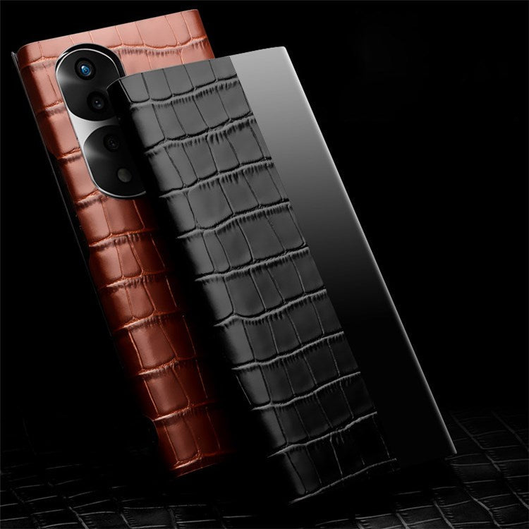 QIALINO For Honor 70 Pro+ 5G Phone Cover, View Window Crocodile Texture Genuine Leather Bump Proof Folio Flip Auto Wake/Sleep Case - Black