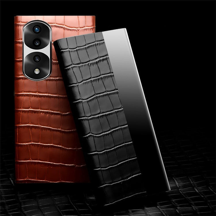 QIALINO For Honor 70 Pro+ 5G Phone Cover, View Window Crocodile Texture Genuine Leather Bump Proof Folio Flip Auto Wake/Sleep Case - Black