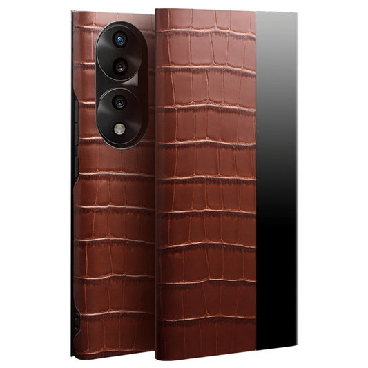 QIALINO For Honor 70 5G Well-protected Phone Cover, View Window Crocodile Texture Genuine Leather Folio Flip Auto Wake/Sleep Case - Brown