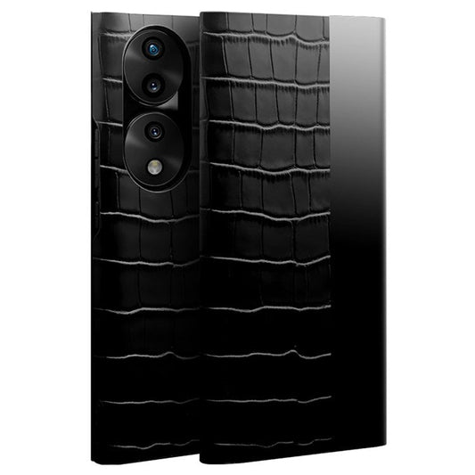 QIALINO For Honor 70 5G Well-protected Phone Cover, View Window Crocodile Texture Genuine Leather Folio Flip Auto Wake/Sleep Case - Black