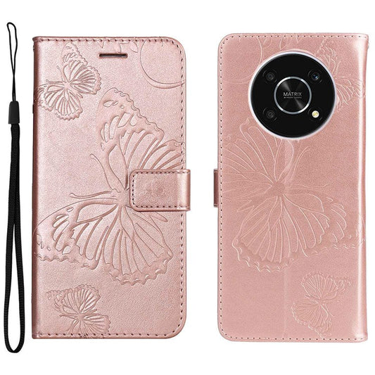 KT Leather Series-2 for Honor X9 5G/X30 5G/Magic 4 Lite 5G Butterfly Imprinted PU Leather Wallet Case Stand Anti-wear Phone Flip Cover - Rose Gold