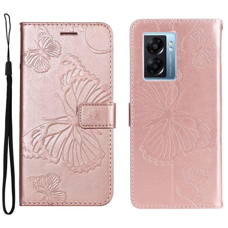 KT Leather Series-2 for Oppo A57 (2022) 5G / A77 5G / Realme V23 5G Butterfly Imprinted PU Leather Full-protection Case Phone Wallet Stand Cover - Rose Gold