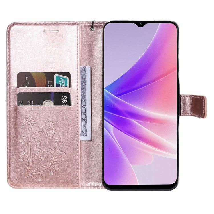 KT Leather Series-2 for Oppo A57 (2022) 5G / A77 5G / Realme V23 5G Butterfly Imprinted PU Leather Full-protection Case Phone Wallet Stand Cover - Rose Gold