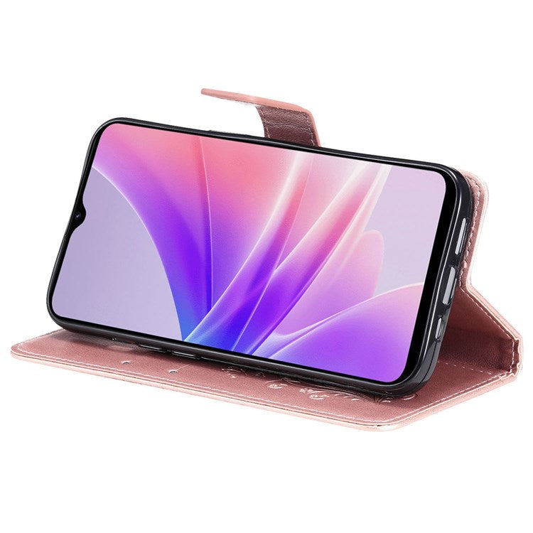 KT Leather Series-2 for Oppo A57 (2022) 5G / A77 5G / Realme V23 5G Butterfly Imprinted PU Leather Full-protection Case Phone Wallet Stand Cover - Rose Gold