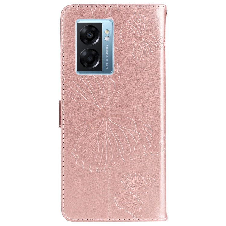 KT Leather Series-2 for Oppo A57 (2022) 5G / A77 5G / Realme V23 5G Butterfly Imprinted PU Leather Full-protection Case Phone Wallet Stand Cover - Rose Gold