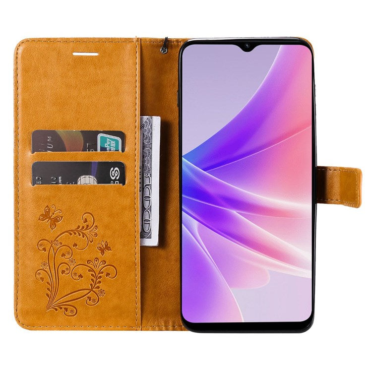 KT Leather Series-2 for Oppo A57 (2022) 5G / A77 5G / Realme V23 5G Butterfly Imprinted PU Leather Full-protection Case Phone Wallet Stand Cover - Yellow