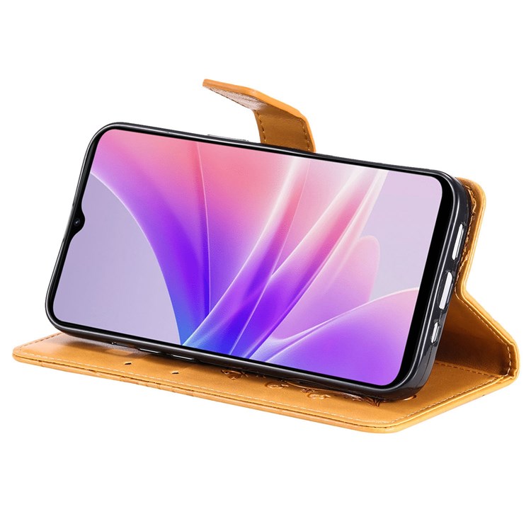 KT Leather Series-2 for Oppo A57 (2022) 5G / A77 5G / Realme V23 5G Butterfly Imprinted PU Leather Full-protection Case Phone Wallet Stand Cover - Yellow