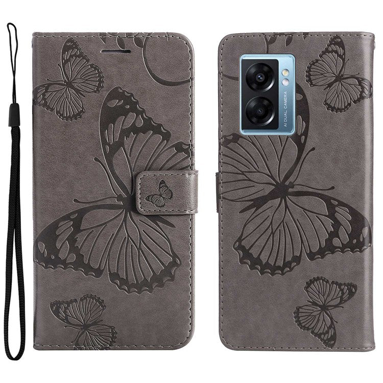 KT Leather Series-2 for Oppo A57 (2022) 5G / A77 5G / Realme V23 5G Butterfly Imprinted PU Leather Full-protection Case Phone Wallet Stand Cover - Grey