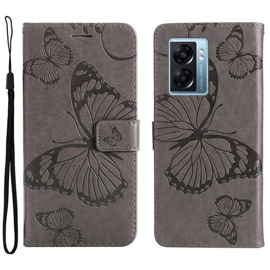 KT Leather Series-2 for Oppo A57 (2022) 5G / A77 5G / Realme V23 5G Butterfly Imprinted PU Leather Full-protection Case Phone Wallet Stand Cover - Grey