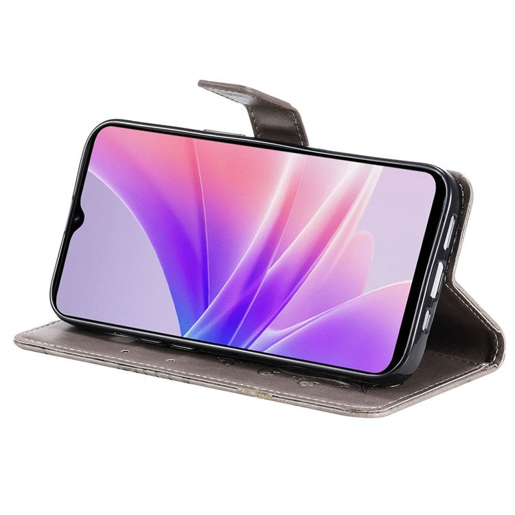 KT Leather Series-2 for Oppo A57 (2022) 5G / A77 5G / Realme V23 5G Butterfly Imprinted PU Leather Full-protection Case Phone Wallet Stand Cover - Grey
