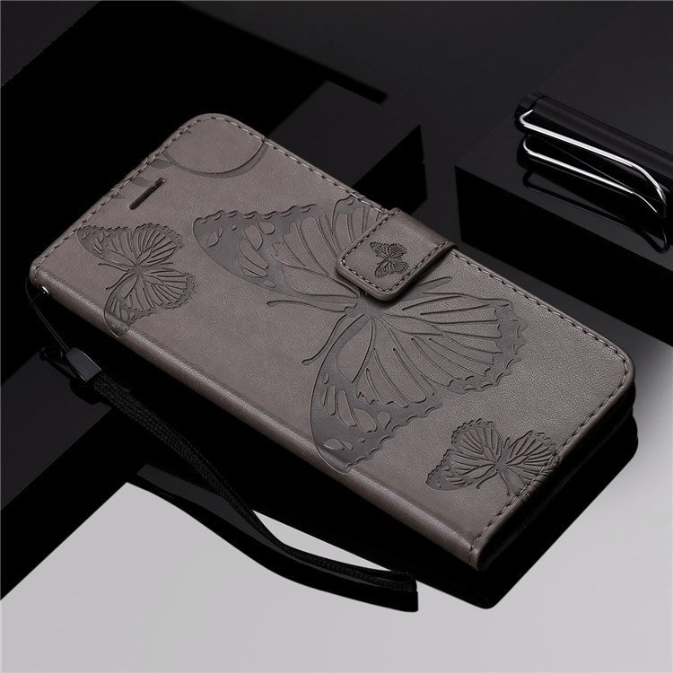 KT Leather Series-2 for Oppo A57 (2022) 5G / A77 5G / Realme V23 5G Butterfly Imprinted PU Leather Full-protection Case Phone Wallet Stand Cover - Grey