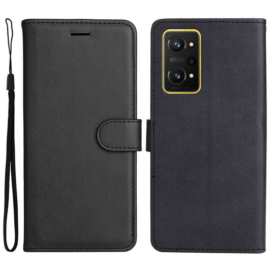 For Realme GT Neo 3T 5G/GT Neo2 5G KT Leather Series-2 Wallet Phone Case PU Leather Full Protection Solid Color Magnetic Flip Stand Cover with Strap - Black