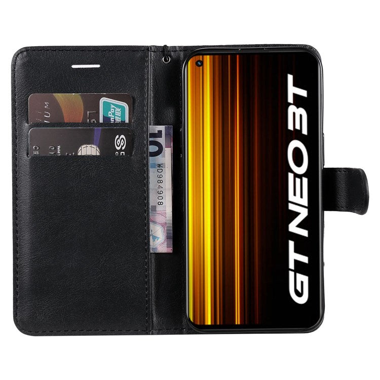 For Realme GT Neo 3T 5G/GT Neo2 5G KT Leather Series-2 Wallet Phone Case PU Leather Full Protection Solid Color Magnetic Flip Stand Cover with Strap - Black