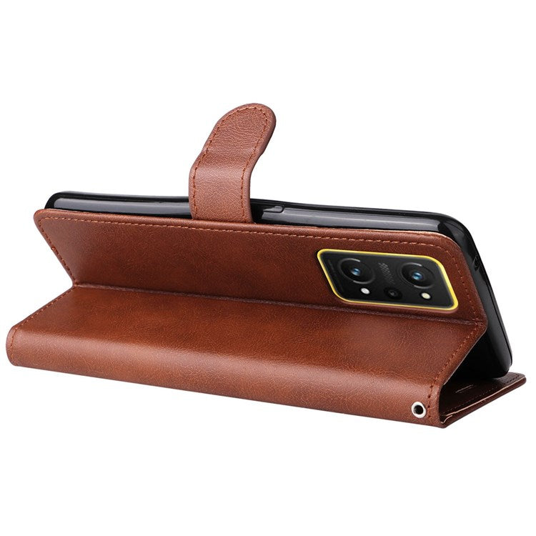 For Realme GT Neo 3T 5G/GT Neo2 5G KT Leather Series-2 Wallet Phone Case PU Leather Full Protection Solid Color Magnetic Flip Stand Cover with Strap - Brown