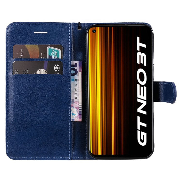 For Realme GT Neo 3T 5G/GT Neo2 5G KT Leather Series-2 Wallet Phone Case PU Leather Full Protection Solid Color Magnetic Flip Stand Cover with Strap - Blue