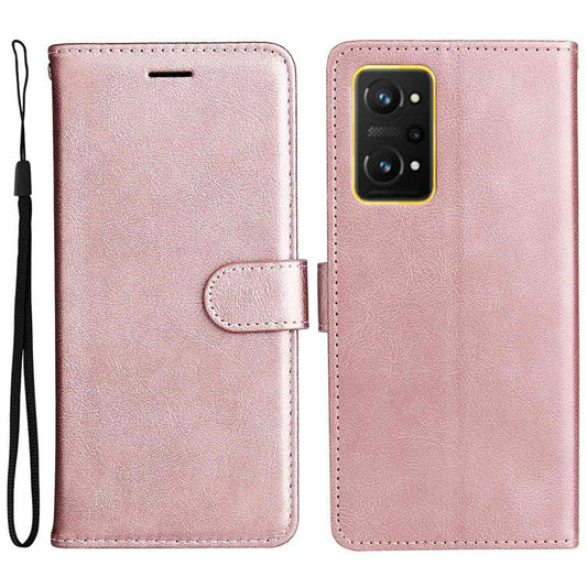 For Realme GT Neo 3T 5G/GT Neo2 5G KT Leather Series-2 Wallet Phone Case PU Leather Full Protection Solid Color Magnetic Flip Stand Cover with Strap - Rose Gold