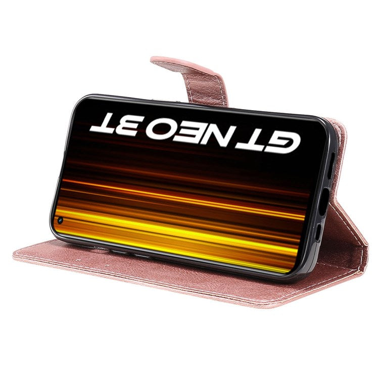 For Realme GT Neo 3T 5G/GT Neo2 5G KT Leather Series-2 Wallet Phone Case PU Leather Full Protection Solid Color Magnetic Flip Stand Cover with Strap - Rose Gold