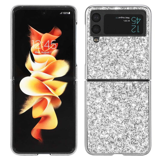For Samsung Galaxy Z Flip4 5G Glitter Sparkling Case Electroplating TPU Frame Hard PC Back Anti-Slip Protective Cover - Silver