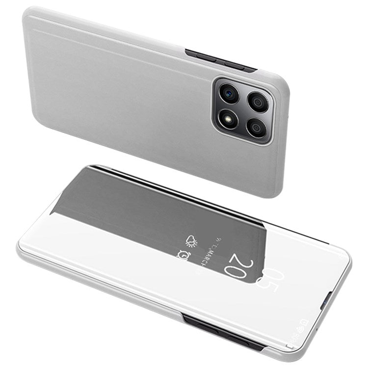 For Honor X8 4G / X30i Drop Resistant Foldable Stand Design PU Leather Case View Window Electroplate Mirror Phone Shell - Silver