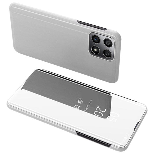 For Honor X8 4G / X30i Drop Resistant Foldable Stand Design PU Leather Case View Window Electroplate Mirror Phone Shell - Silver