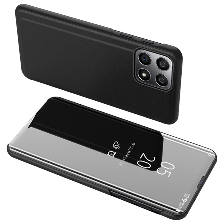 For Honor X8 4G / X30i Drop Resistant Foldable Stand Design PU Leather Case View Window Electroplate Mirror Phone Shell - Black