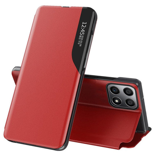 For Honor X8 4G / X30i Anti-Drop Phone Case Clear View Window Stand Feature Bump Proof Leather Protective Shell - Red