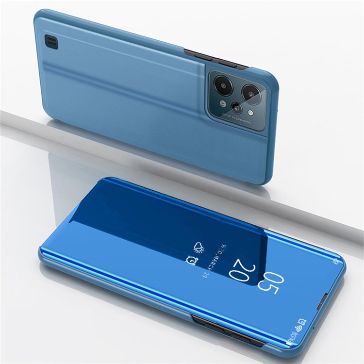 For Realme C31 Supporting Stand Feature PU Leather Wear-resistant Case View Window Electroplate Mirror Phone Protector - Blue
