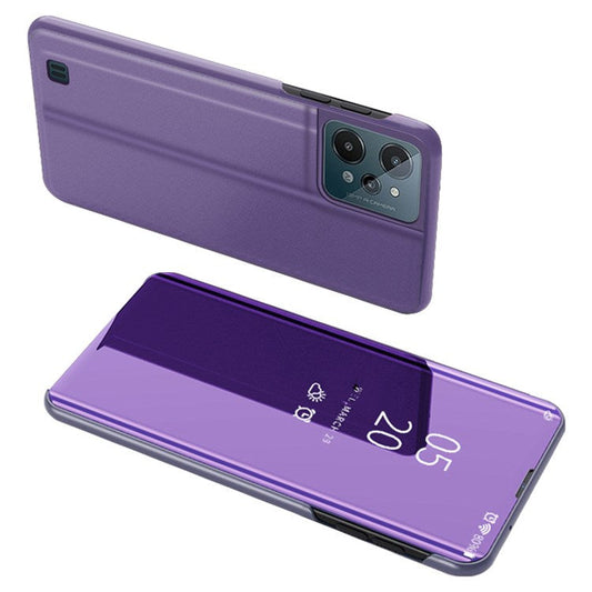For Realme C31 Supporting Stand Feature PU Leather Wear-resistant Case View Window Electroplate Mirror Phone Protector - Purple / Blue