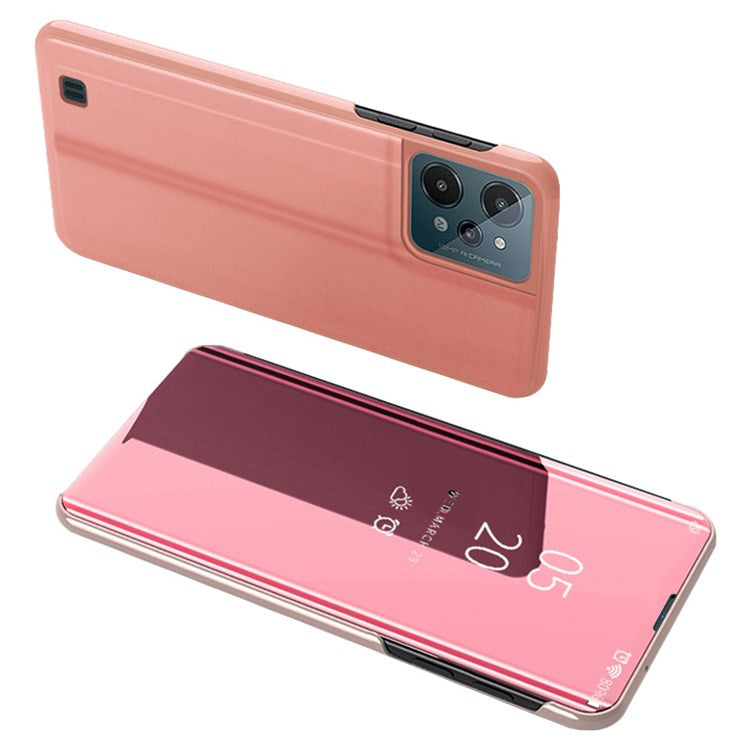 For Realme C31 Supporting Stand Feature PU Leather Wear-resistant Case View Window Electroplate Mirror Phone Protector - Rose Gold