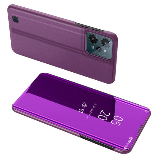 For Realme C31 Supporting Stand Feature PU Leather Wear-resistant Case View Window Electroplate Mirror Phone Protector - Purple