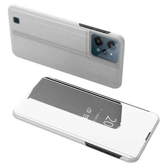 For Realme C31 Supporting Stand Feature PU Leather Wear-resistant Case View Window Electroplate Mirror Phone Protector - Silver