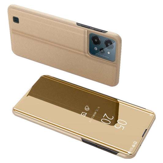 For Realme C31 Supporting Stand Feature PU Leather Wear-resistant Case View Window Electroplate Mirror Phone Protector - Gold