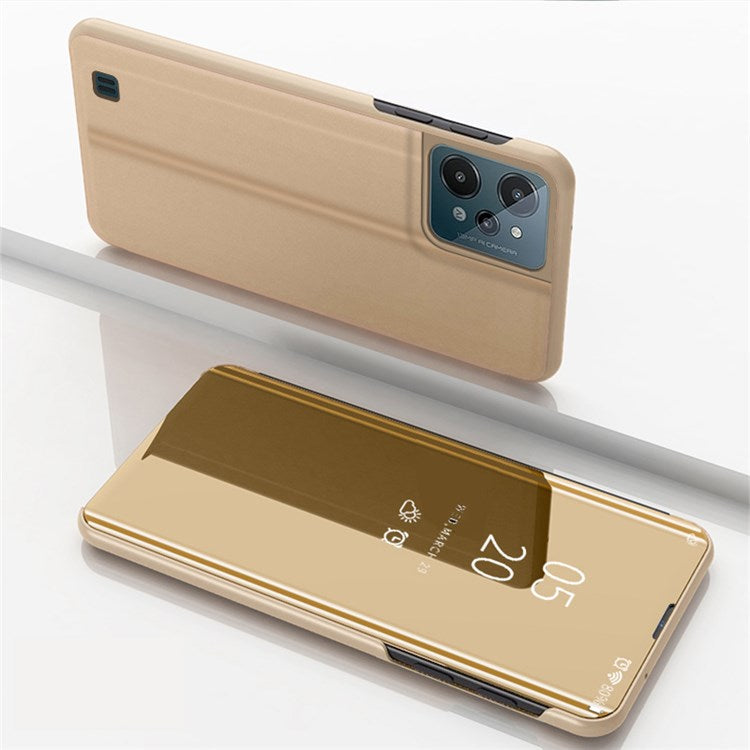 For Realme C31 Supporting Stand Feature PU Leather Wear-resistant Case View Window Electroplate Mirror Phone Protector - Gold